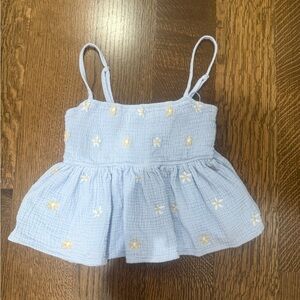 Light Blue Baby Doll top with Yellow Floral Embroidery